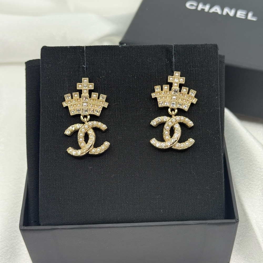 Chanel Crystal Faux Pearl Gold Crown CC Logo Dangle Earrings